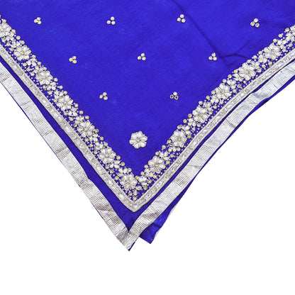Indian Women Vintage Heavy Blue Dupatta Pure silk Long Stole Hand Embroidered Hijab Scarves Veil Wrap Zardozi Dabka