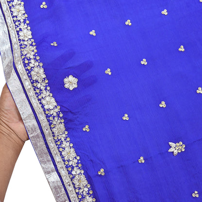 Indian Women Vintage Heavy Blue Dupatta Pure silk Long Stole Hand Embroidered Hijab Scarves Veil Wrap Zardozi Dabka