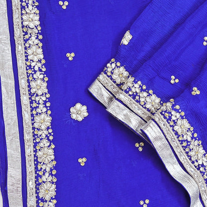 Indian Women Vintage Heavy Blue Dupatta Pure silk Long Stole Hand Embroidered Hijab Scarves Veil Wrap Zardozi Dabka