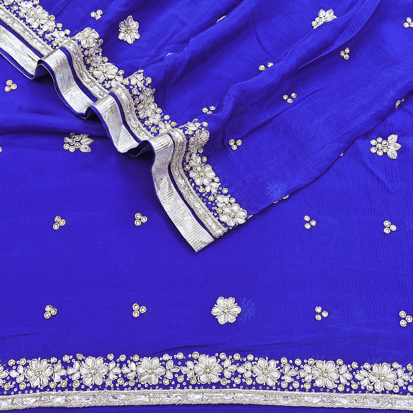 Indian Women Vintage Heavy Blue Dupatta Pure silk Long Stole Hand Embroidered Hijab Scarves Veil Wrap Zardozi Dabka