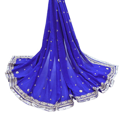 Indian Women Vintage Heavy Blue Dupatta Pure silk Long Stole Hand Embroidered Hijab Scarves Veil Wrap Zardozi Dabka