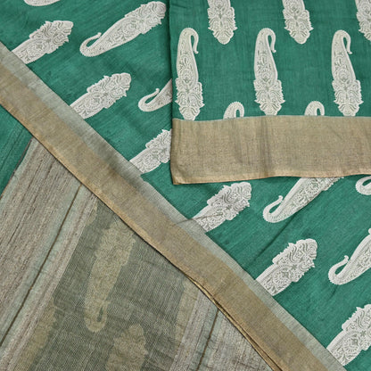 Indian Vintage Green Saree Pure Khadi Silk Handloom Kalamkari Sari Craft Fabric 6yd Ethnic Wear Sari Floral