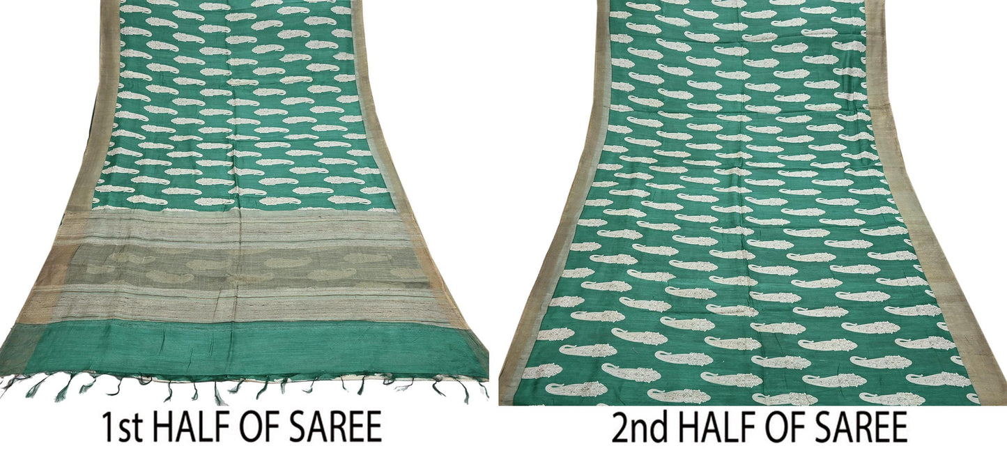 Indian Vintage Green Saree Pure Khadi Silk Handloom Kalamkari Sari Craft Fabric 6yd Ethnic Wear Sari Floral