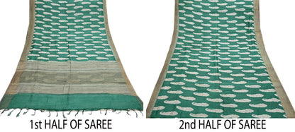 Indian Vintage Green Saree Pure Khadi Silk Handloom Kalamkari Sari Craft Fabric 6yd Ethnic Wear Sari Floral