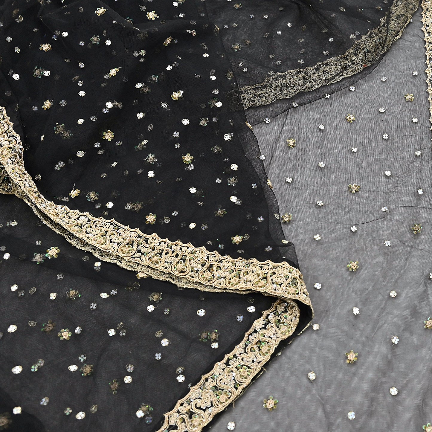 Indian Vintage Heavy Saree Black Net/Mesh Hand Embroidered Sari Fabric 5Yd Sewing Soft Zardozi/Dabka Zari Sequins Wedding net sarees