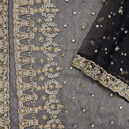 Indian Vintage Heavy Saree Black Net/Mesh Hand Embroidered Sari Fabric 5Yd Sewing Soft Zardozi/Dabka Zari Sequins Wedding net sarees