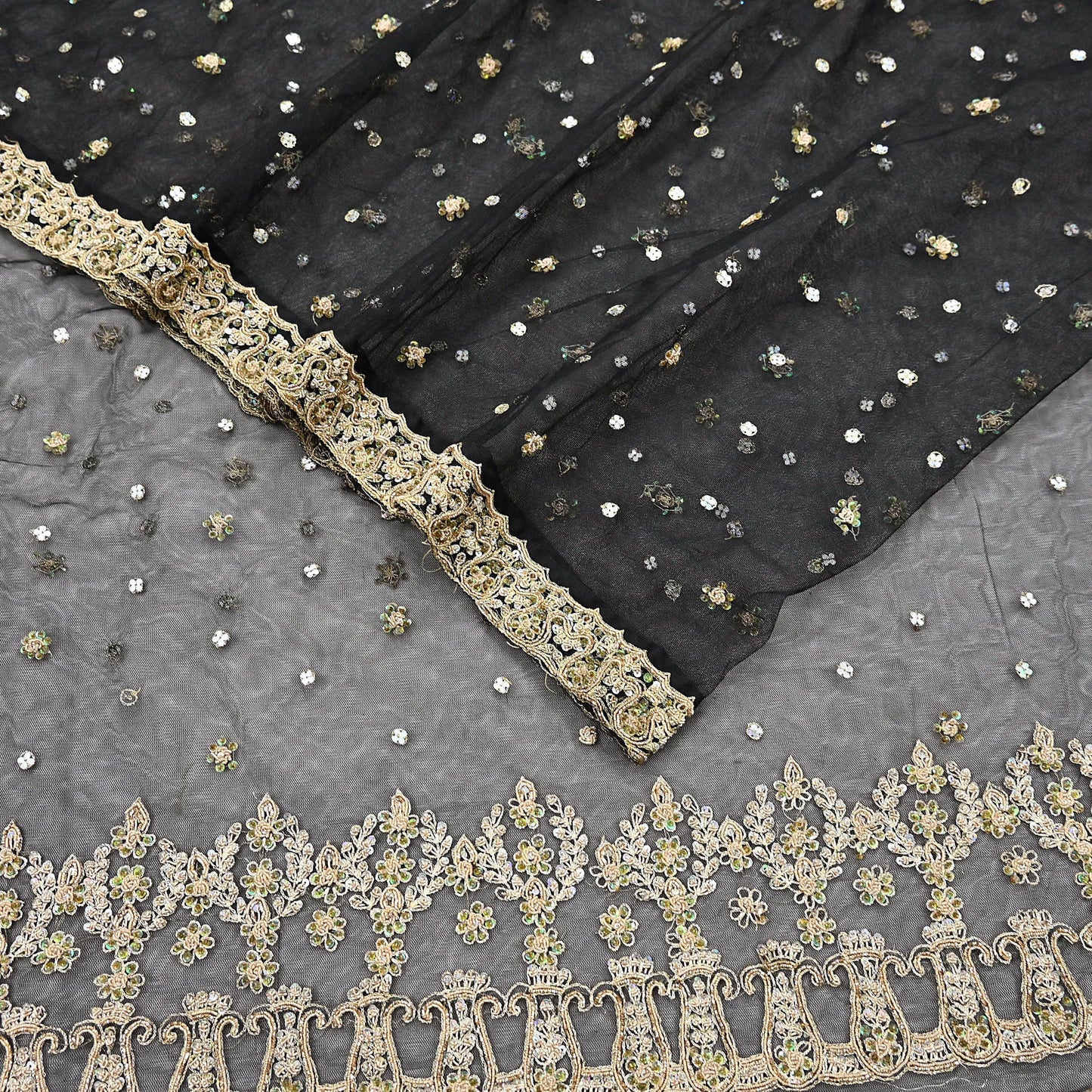 Indian Vintage Heavy Saree Black Net/Mesh Hand Embroidered Sari Fabric 5Yd Sewing Soft Zardozi/Dabka Zari Sequins Wedding net sarees