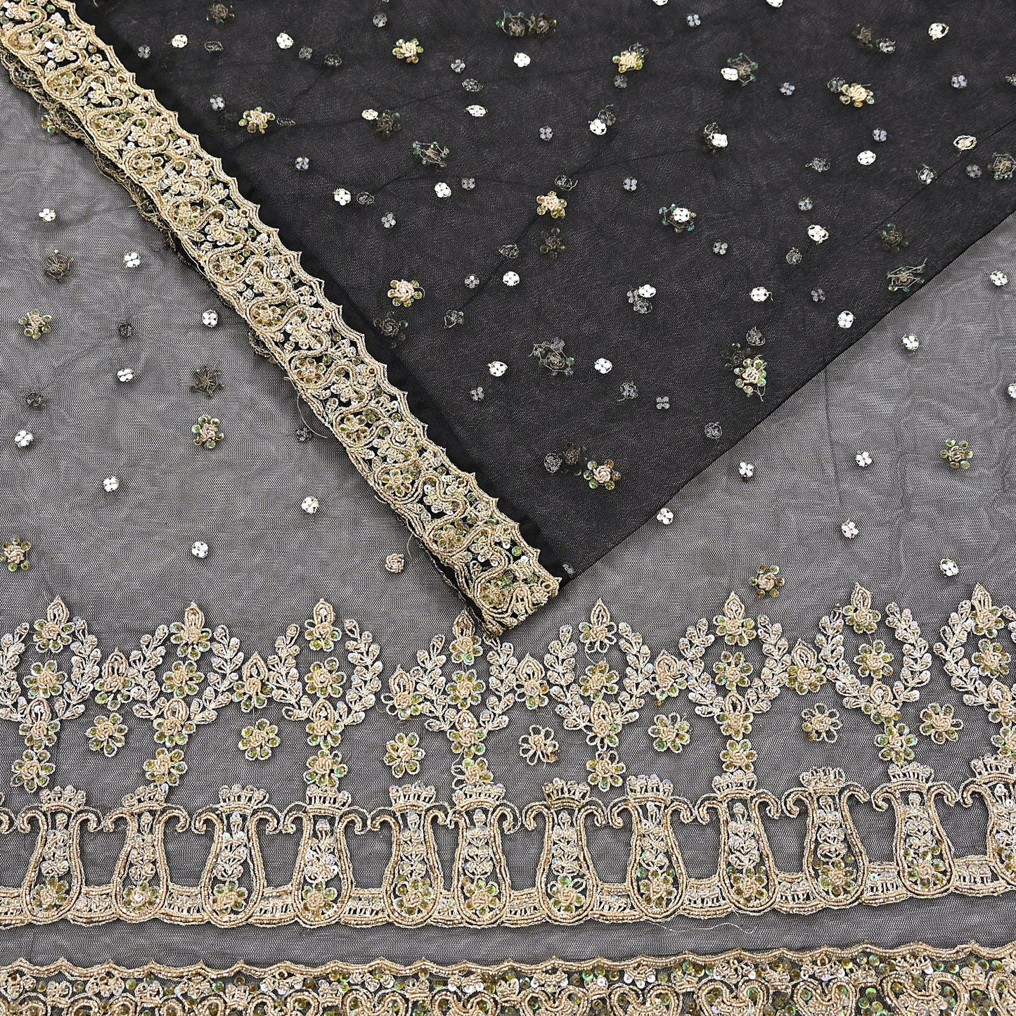 Indian Vintage Heavy Saree Black Net/Mesh Hand Embroidered Sari Fabric 5Yd Sewing Soft Zardozi/Dabka Zari Sequins Wedding net sarees