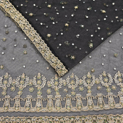 Indian Vintage Heavy Saree Black Net/Mesh Hand Embroidered Sari Fabric 5Yd Sewing Soft Zardozi/Dabka Zari Sequins Wedding net sarees