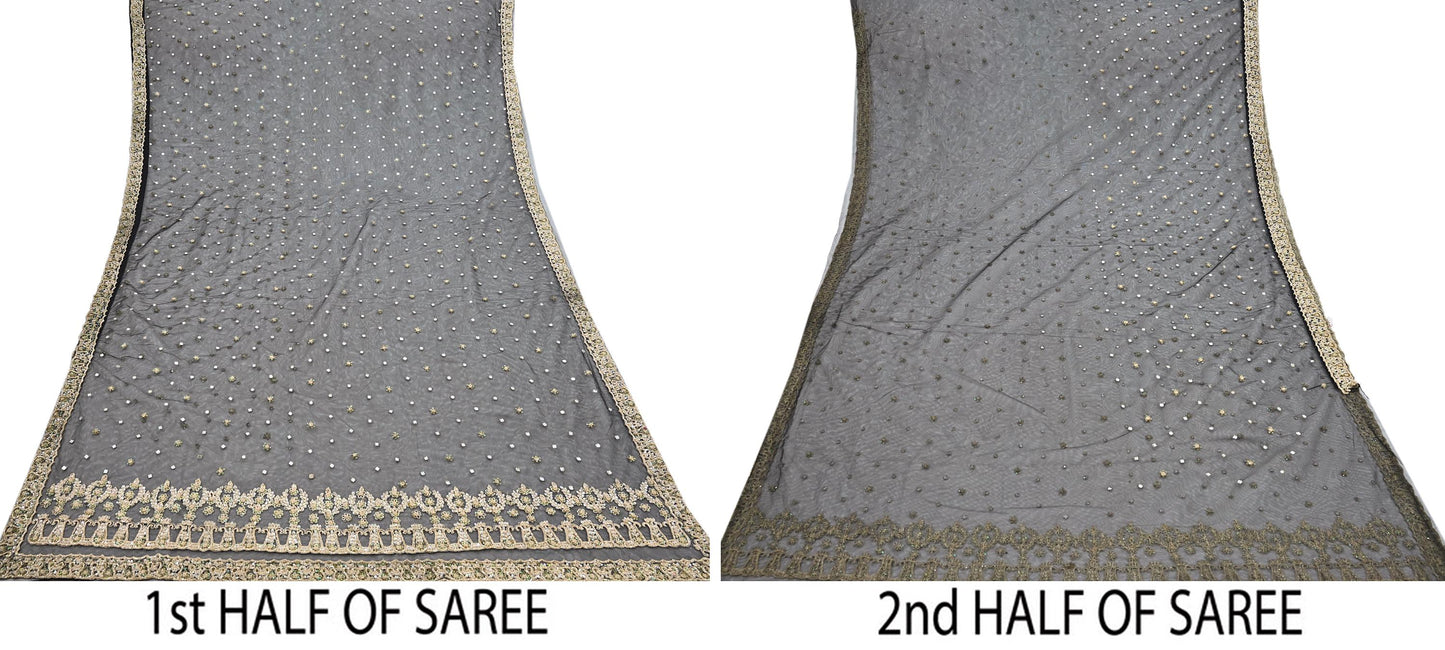 Indian Vintage Heavy Saree Black Net/Mesh Hand Embroidered Sari Fabric 5Yd Sewing Soft Zardozi/Dabka Zari Sequins Wedding net sarees