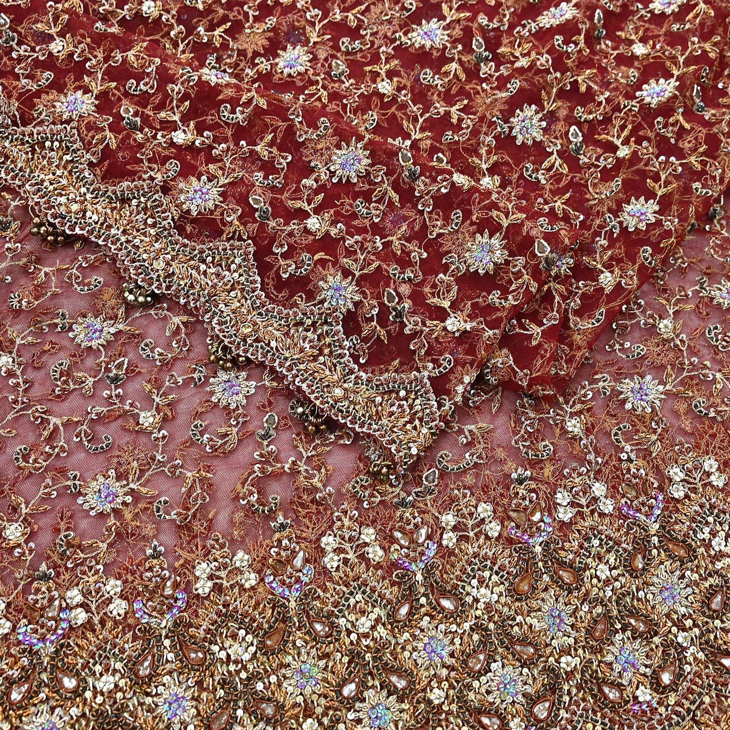 Indian Vintage Heavy Wedding Maroon Dupatta Net Mesh Long Stole Hand Embroidered Scarves Golden Zardozi Zari Sequins Dridal Veil Hijab