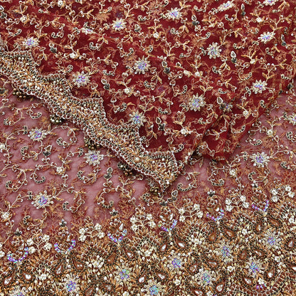 Indian Vintage Heavy Wedding Maroon Dupatta Net Mesh Long Stole Hand Embroidered Scarves Golden Zardozi Zari Sequins Dridal Veil Hijab
