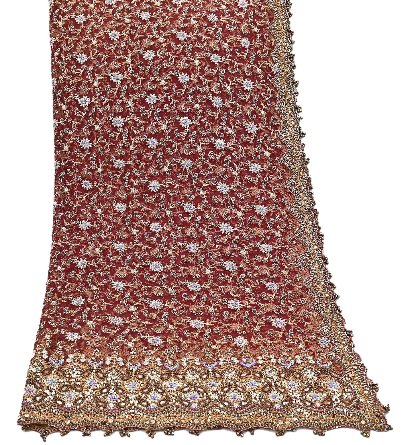 Indian Vintage Heavy Wedding Maroon Dupatta Net Mesh Long Stole Hand Embroidered Scarves Golden Zardozi Zari Sequins Dridal Veil Hijab