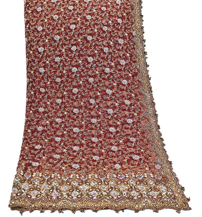 Indian Vintage Heavy Wedding Maroon Dupatta Net Mesh Long Stole Hand Embroidered Scarves Golden Zardozi Zari Sequins Dridal Veil Hijab