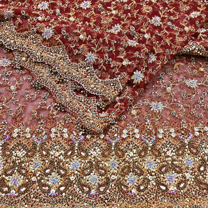 Indian Vintage Heavy Wedding Maroon Dupatta Net Mesh Long Stole Hand Embroidered Scarves Golden Zardozi Zari Sequins Dridal Veil Hijab