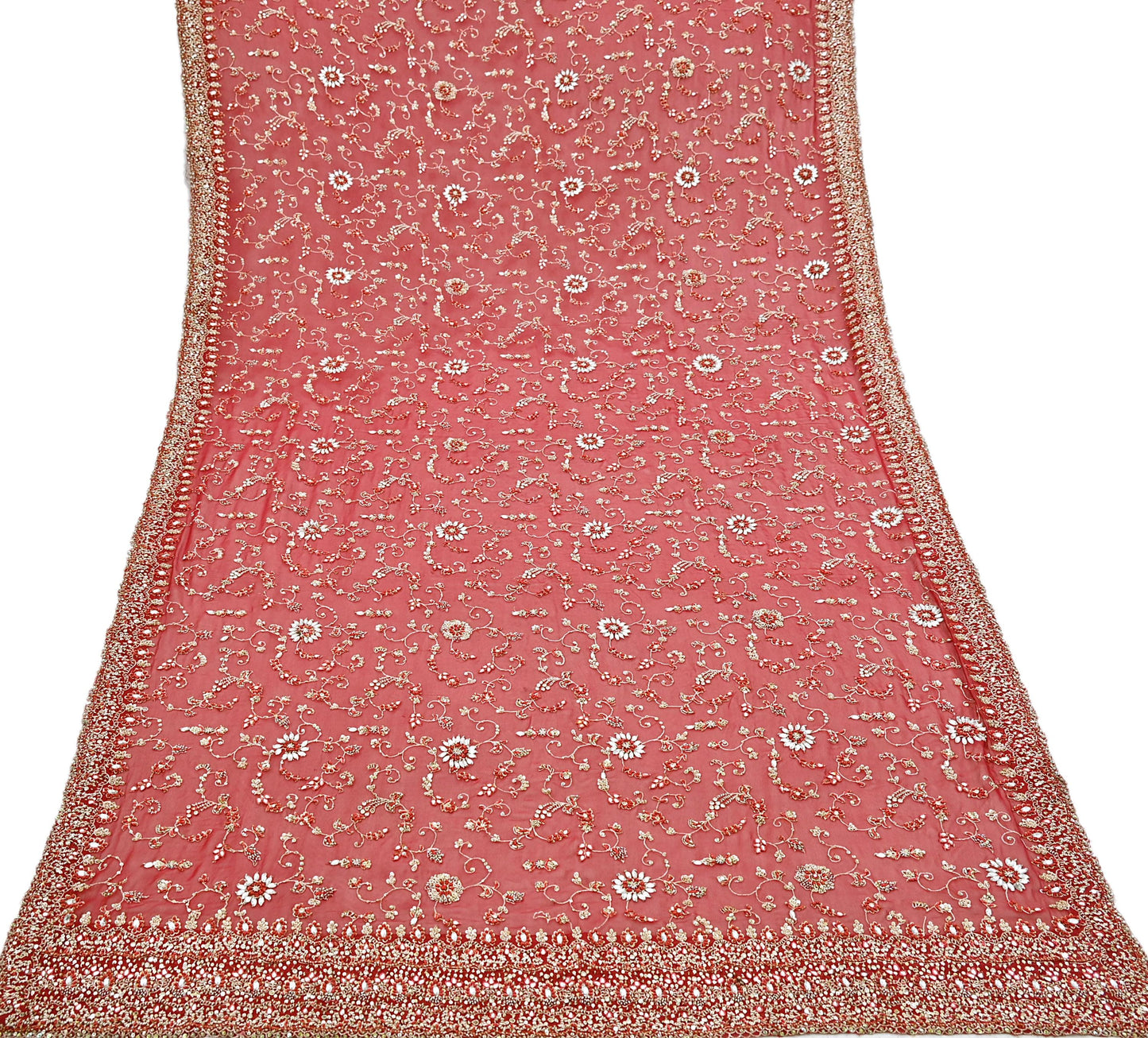 Indian Vintage Heavy Red Bridal Dupatta Pure Georgette Silk Hand Embroidered Zardozi, Dabka, Zari Work Party Wear Long Stole
