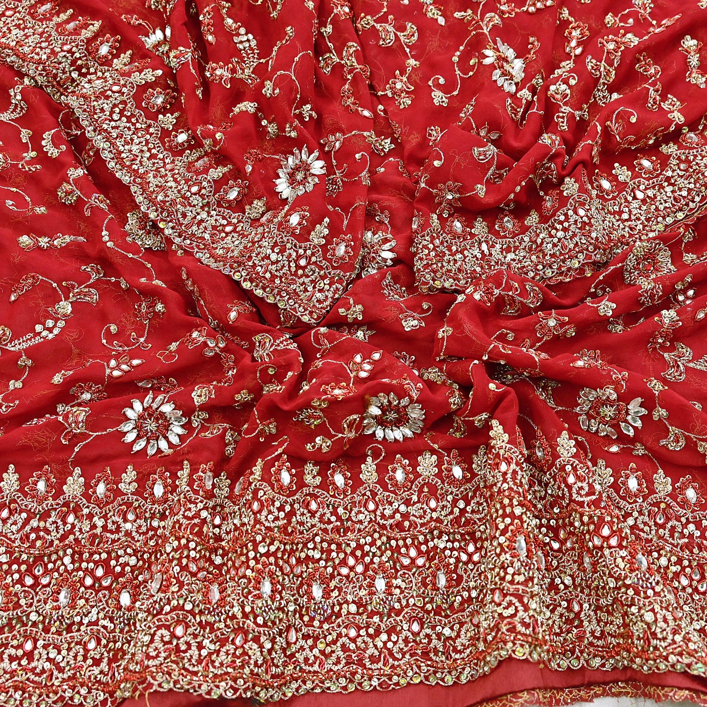 Indian Vintage Heavy Red Bridal Dupatta Pure Georgette Silk Hand Embroidered Zardozi, Dabka, Zari Work Party Wear Long Stole