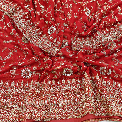 Indian Vintage Heavy Red Bridal Dupatta Pure Georgette Silk Hand Embroidered Zardozi, Dabka, Zari Work Party Wear Long Stole