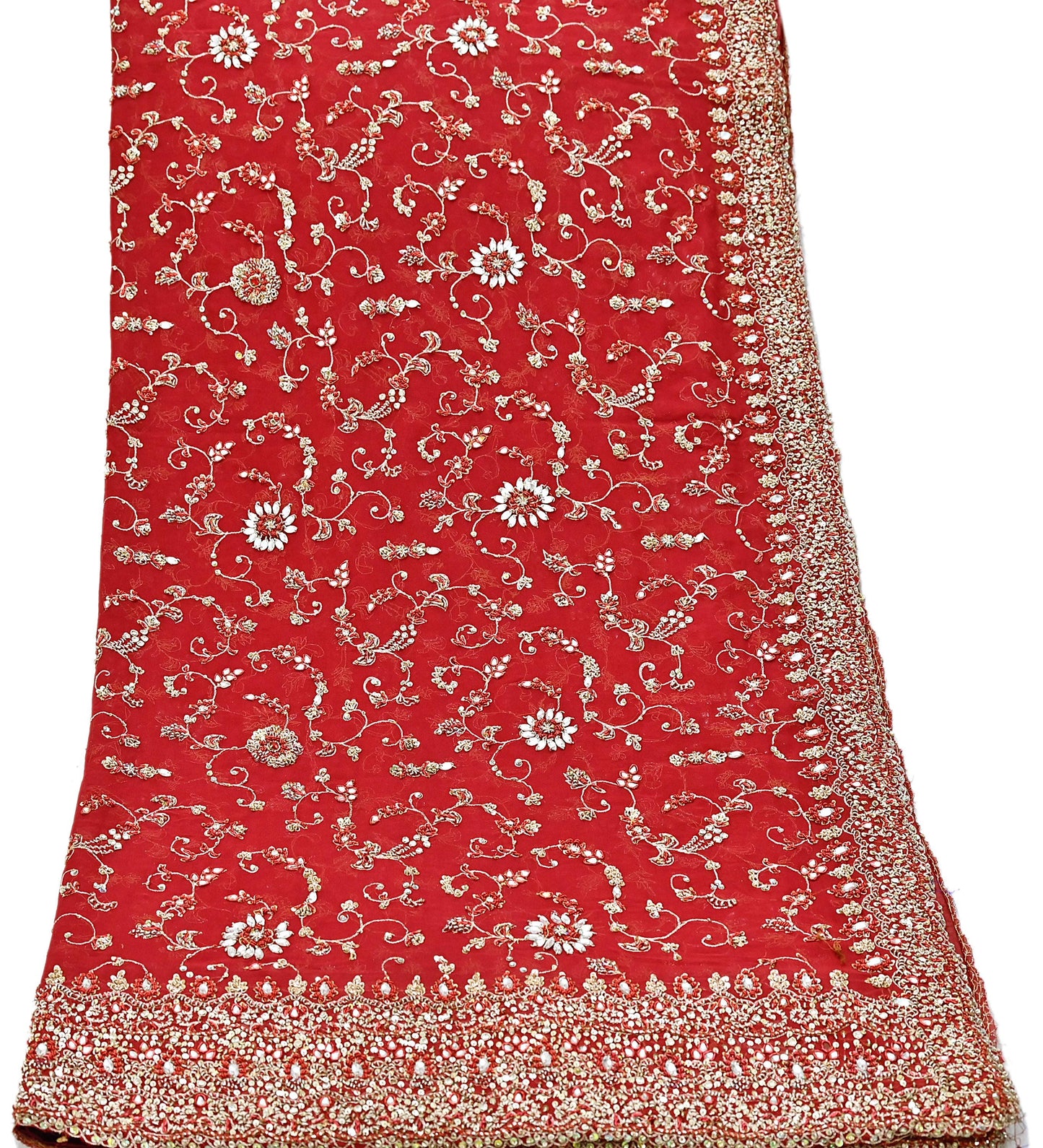 Indian Vintage Heavy Red Bridal Dupatta Pure Georgette Silk Hand Embroidered Zardozi, Dabka, Zari Work Party Wear Long Stole