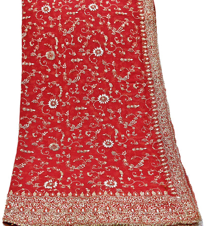 Indian Vintage Heavy Red Bridal Dupatta Pure Georgette Silk Hand Embroidered Zardozi, Dabka, Zari Work Party Wear Long Stole
