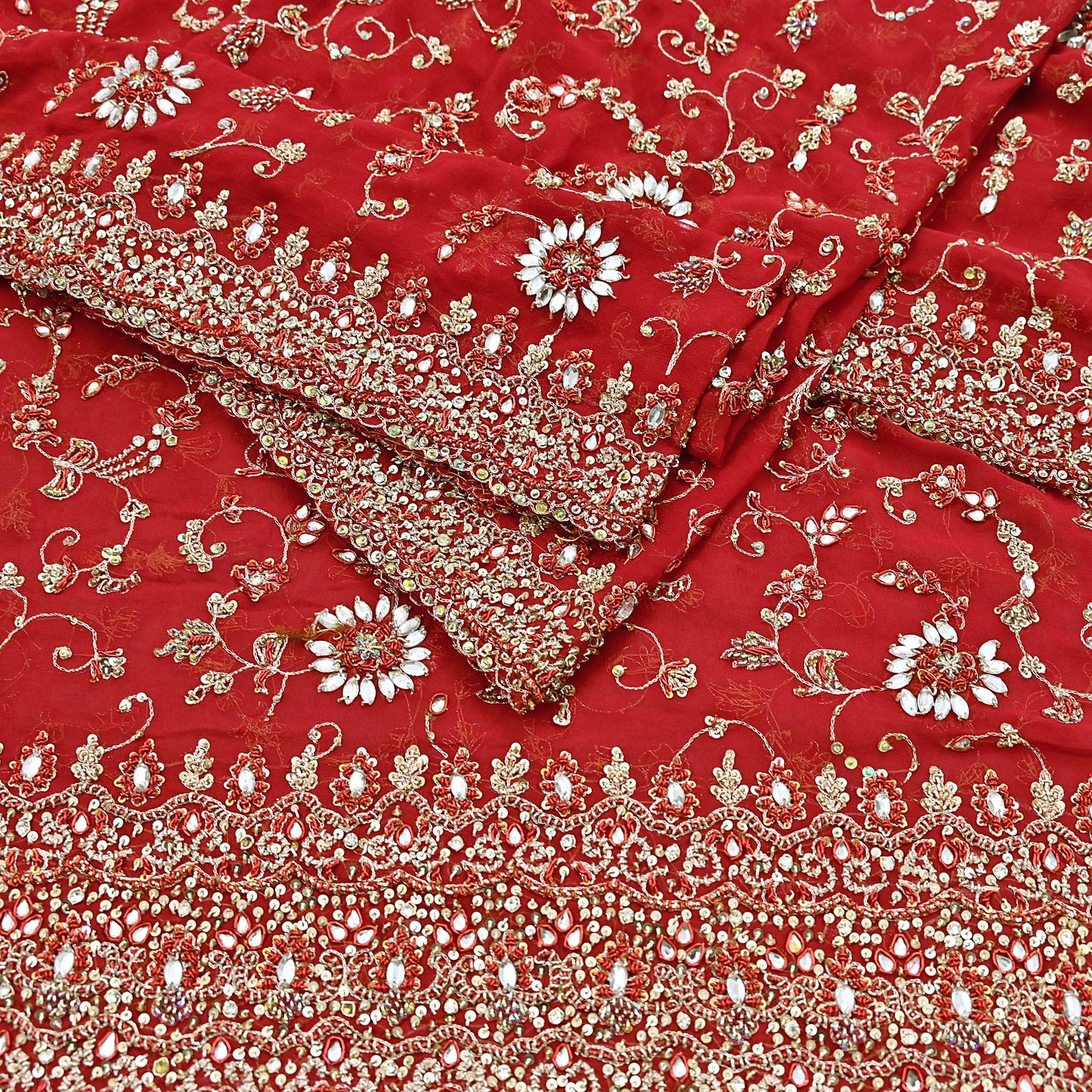 Indian Vintage Heavy Red Bridal Dupatta Pure Georgette Silk Hand Embroidered Zardozi, Dabka, Zari Work Party Wear Long Stole