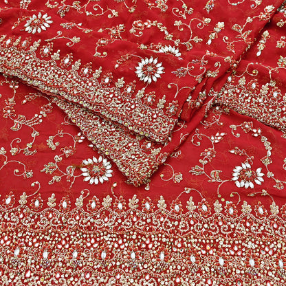 Indian Vintage Heavy Red Bridal Dupatta Pure Georgette Silk Hand Embroidered Zardozi, Dabka, Zari Work Party Wear Long Stole