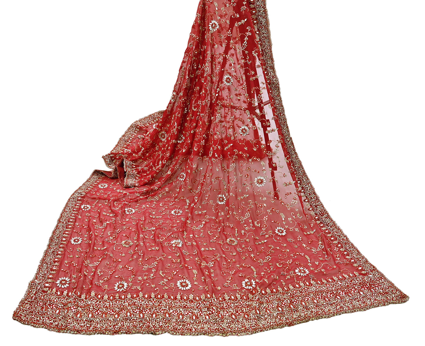 Indian Vintage Heavy Red Bridal Dupatta Pure Georgette Silk Hand Embroidered Zardozi, Dabka, Zari Work Party Wear Long Stole