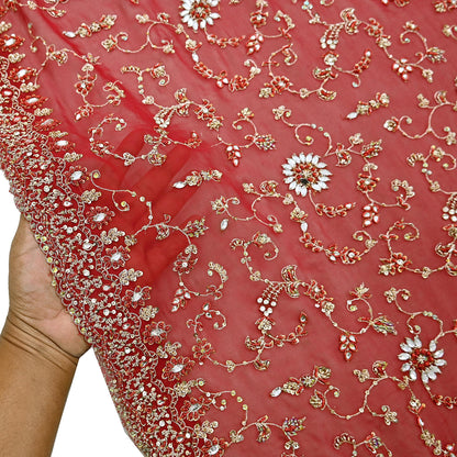 Indian Vintage Heavy Red Bridal Dupatta Pure Georgette Silk Hand Embroidered Zardozi, Dabka, Zari Work Party Wear Long Stole