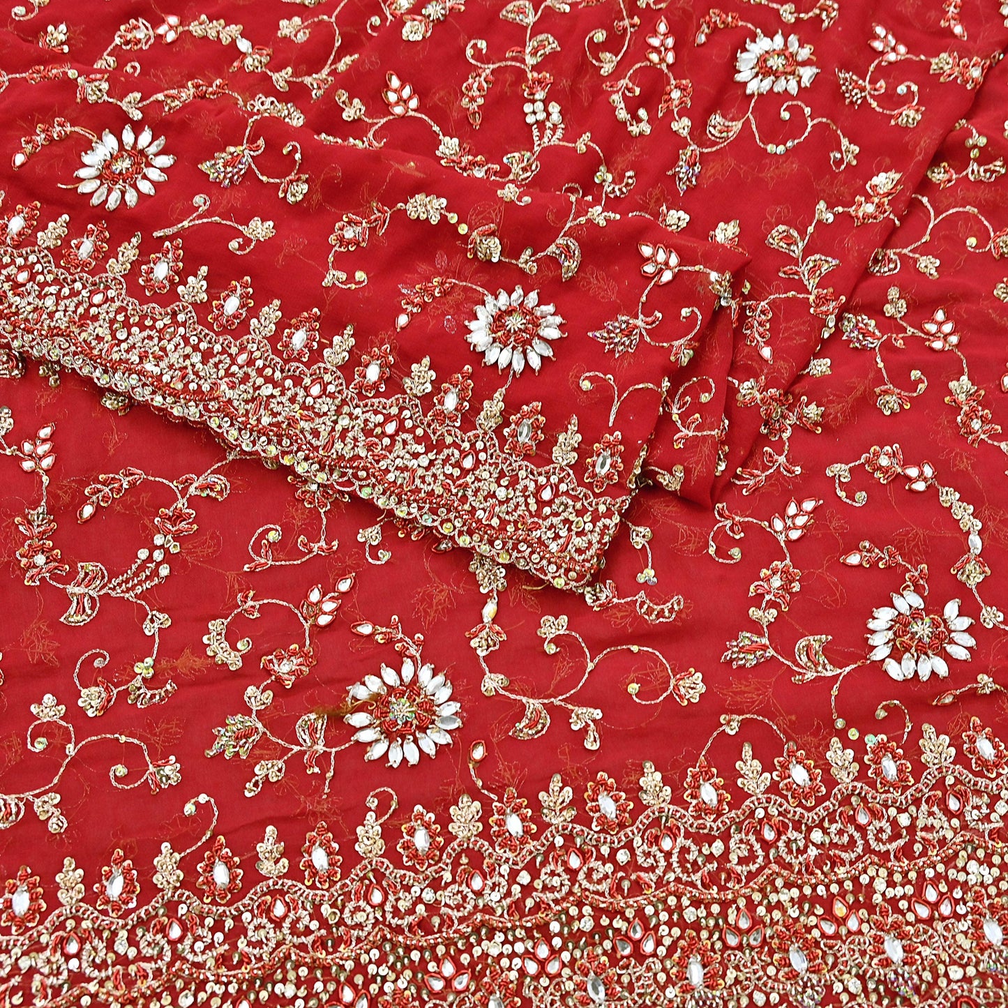 Indian Vintage Heavy Red Bridal Dupatta Pure Georgette Silk Hand Embroidered Zardozi, Dabka, Zari Work Party Wear Long Stole