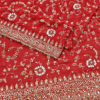Indian Vintage Heavy Red Bridal Dupatta Pure Georgette Silk Hand Embroidered Zardozi, Dabka, Zari Work Party Wear Long Stole