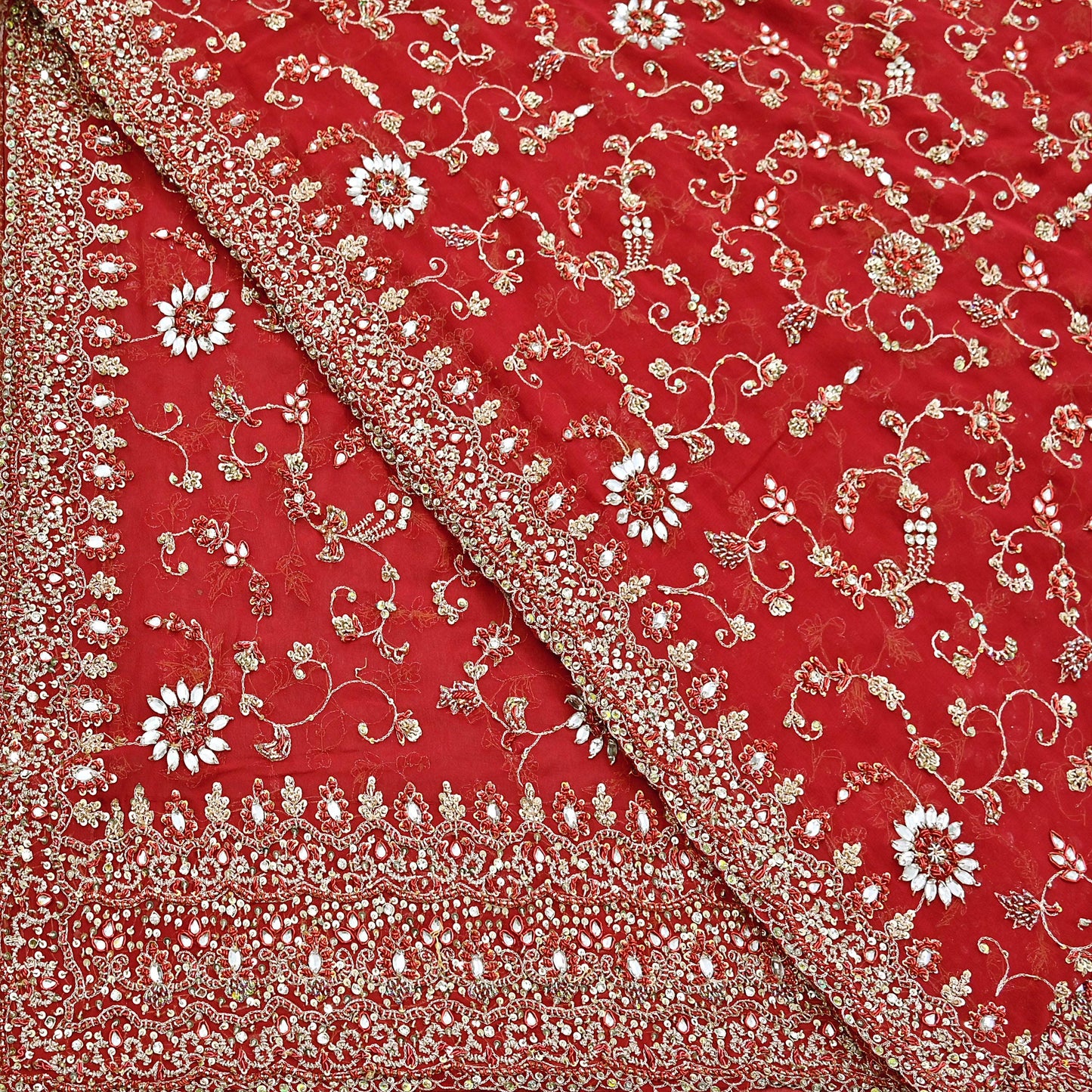 Indian Vintage Heavy Red Bridal Dupatta Pure Georgette Silk Hand Embroidered Zardozi, Dabka, Zari Work Party Wear Long Stole