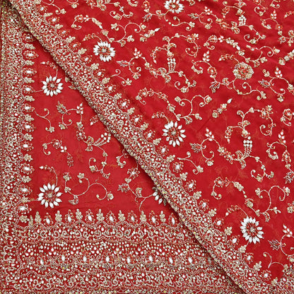 Indian Vintage Heavy Red Bridal Dupatta Pure Georgette Silk Hand Embroidered Zardozi, Dabka, Zari Work Party Wear Long Stole