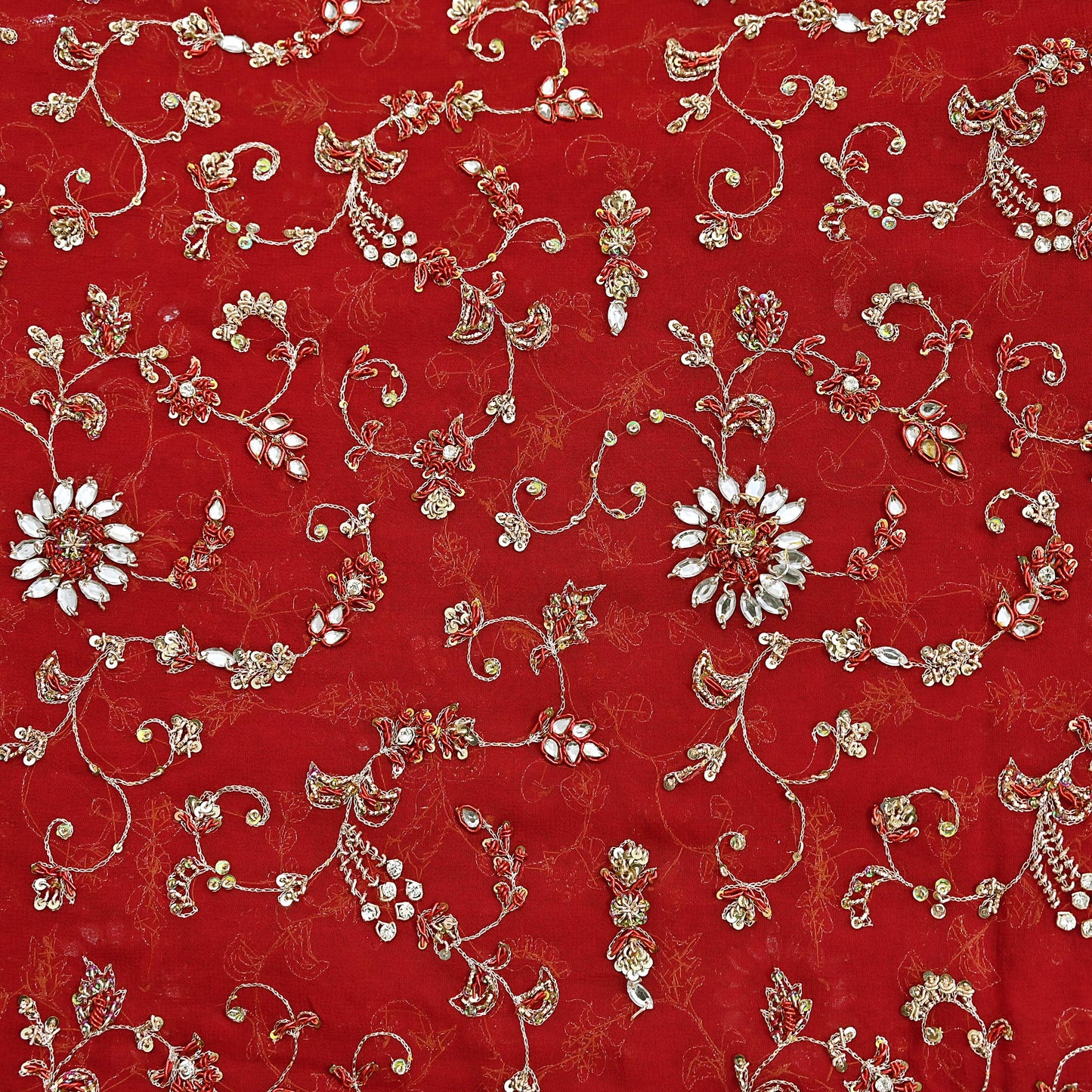 Indian Vintage Heavy Red Bridal Dupatta Pure Georgette Silk Hand Embroidered Zardozi, Dabka, Zari Work Party Wear Long Stole