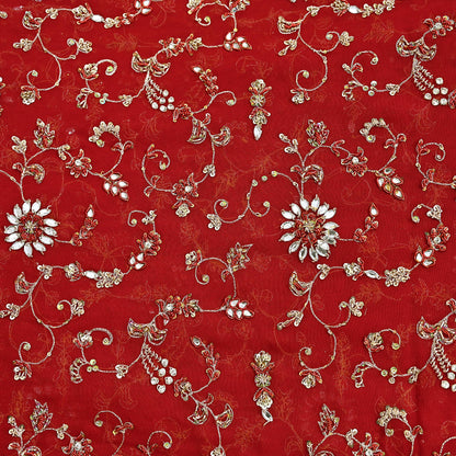 Indian Vintage Heavy Red Bridal Dupatta Pure Georgette Silk Hand Embroidered Zardozi, Dabka, Zari Work Party Wear Long Stole
