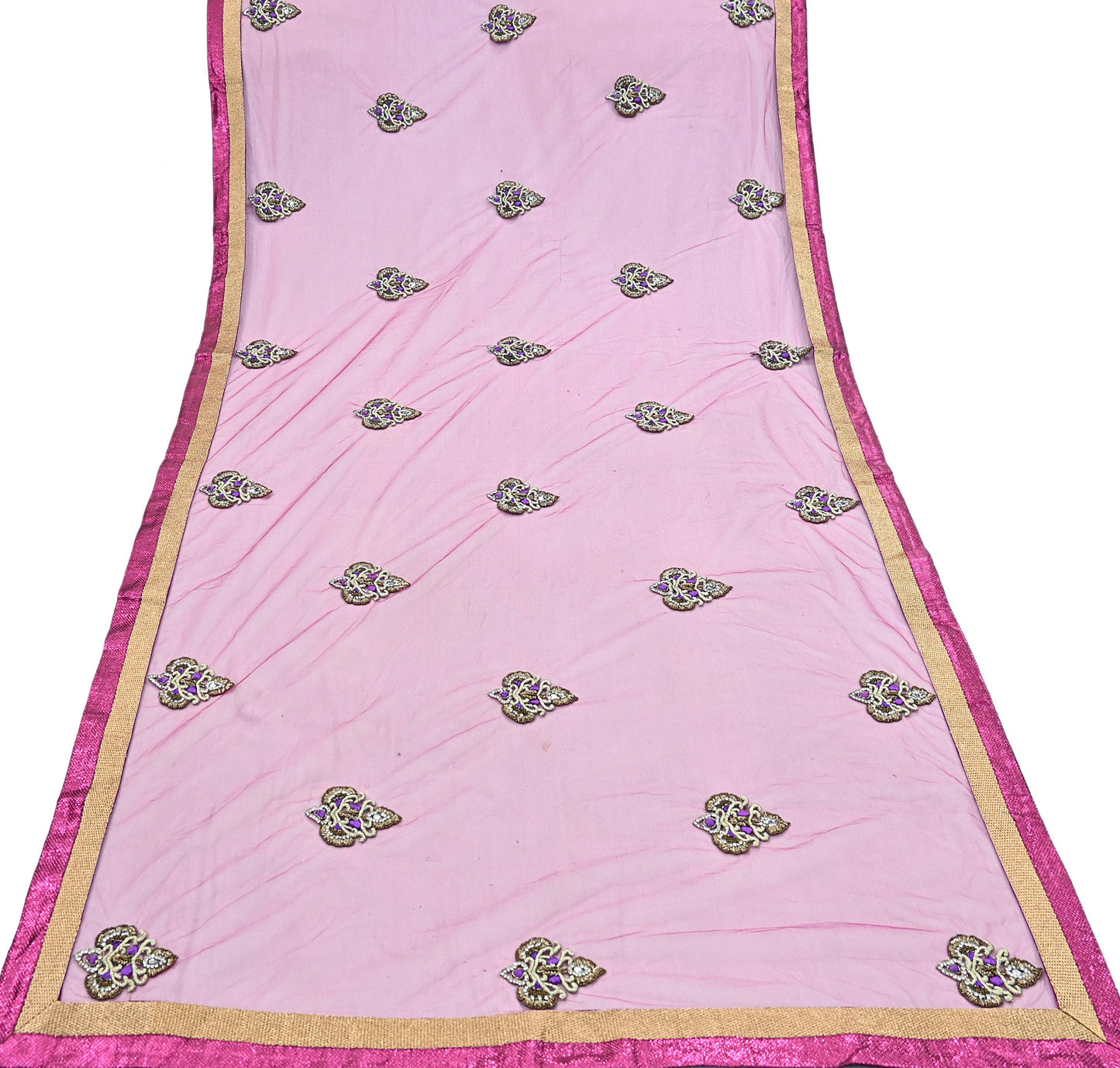 Indian Vintage Heavy Wedding Pink Dupatta Net Mesh Long Stole Hand Embroidered Scarves Golden Zardozi Dabka Zari Stole