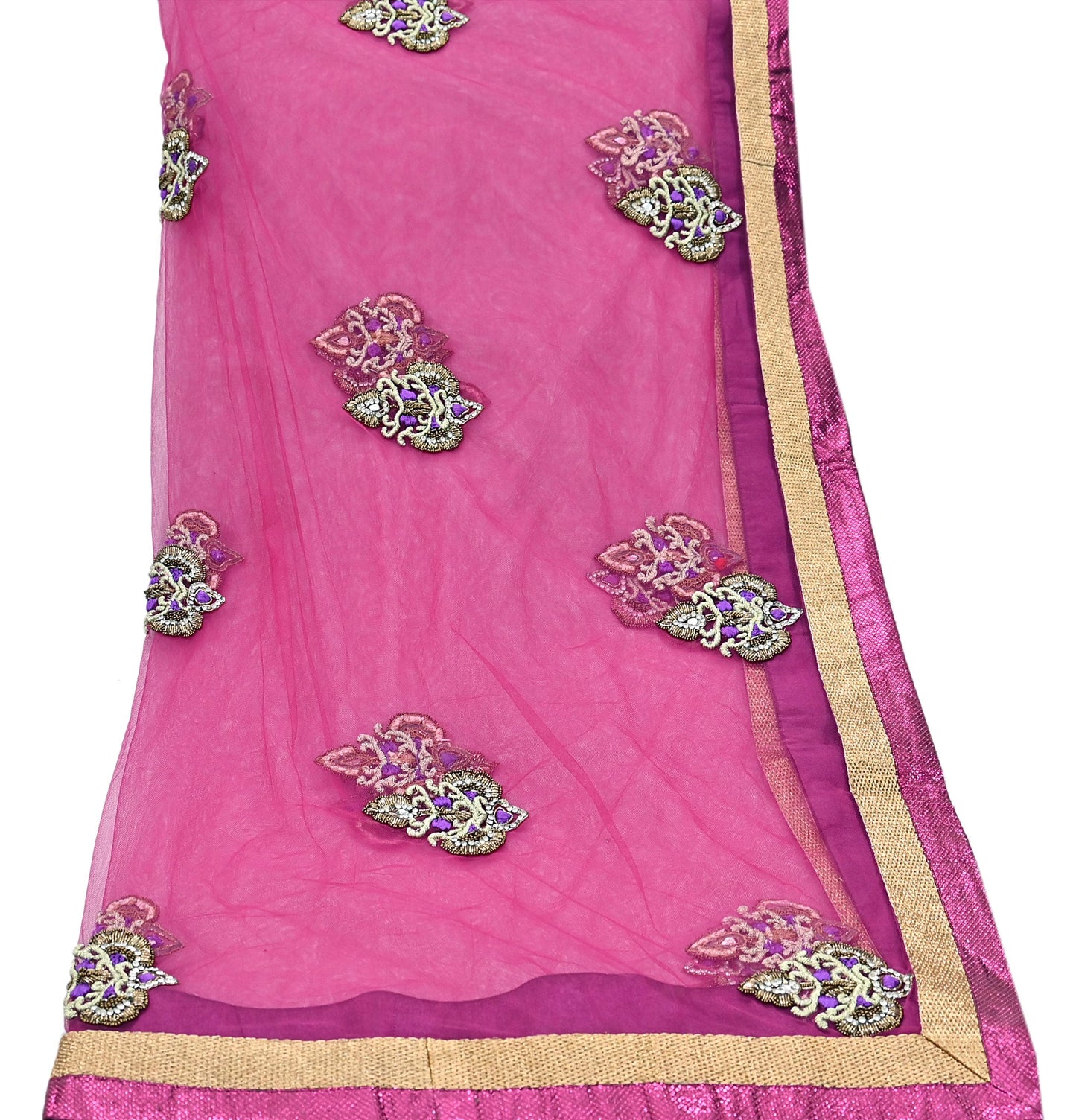 Indian Vintage Heavy Wedding Pink Dupatta Net Mesh Long Stole Hand Embroidered Scarves Golden Zardozi Dabka Zari Stole