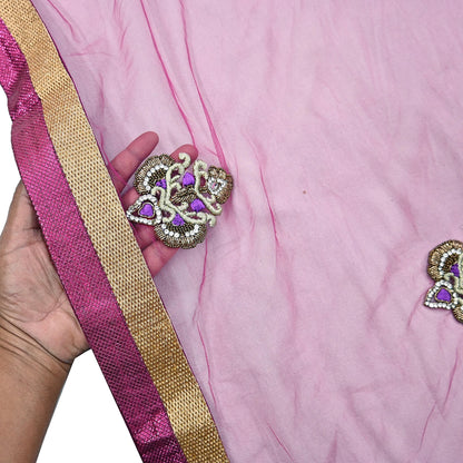 Indian Vintage Heavy Wedding Pink Dupatta Net Mesh Long Stole Hand Embroidered Scarves Golden Zardozi Dabka Zari Stole