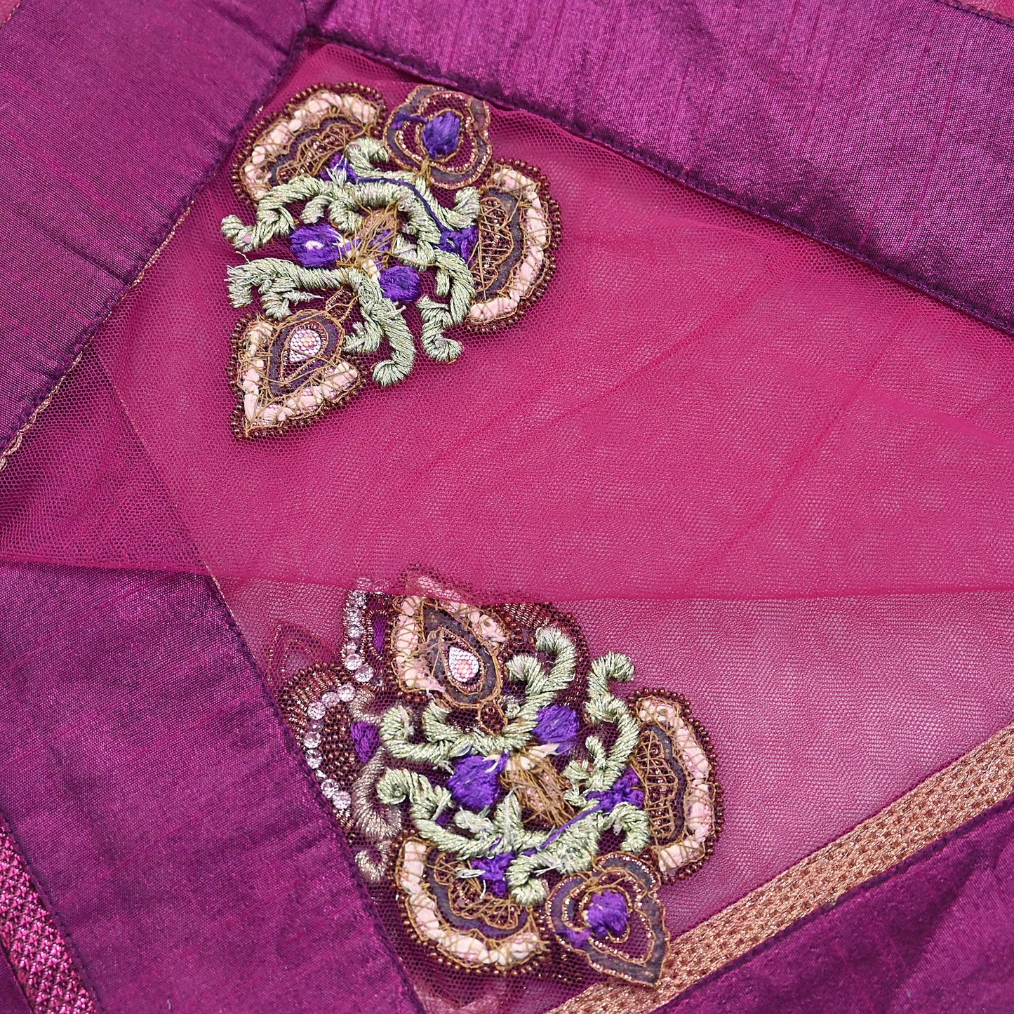 Indian Vintage Heavy Wedding Pink Dupatta Net Mesh Long Stole Hand Embroidered Scarves Golden Zardozi Dabka Zari Stole
