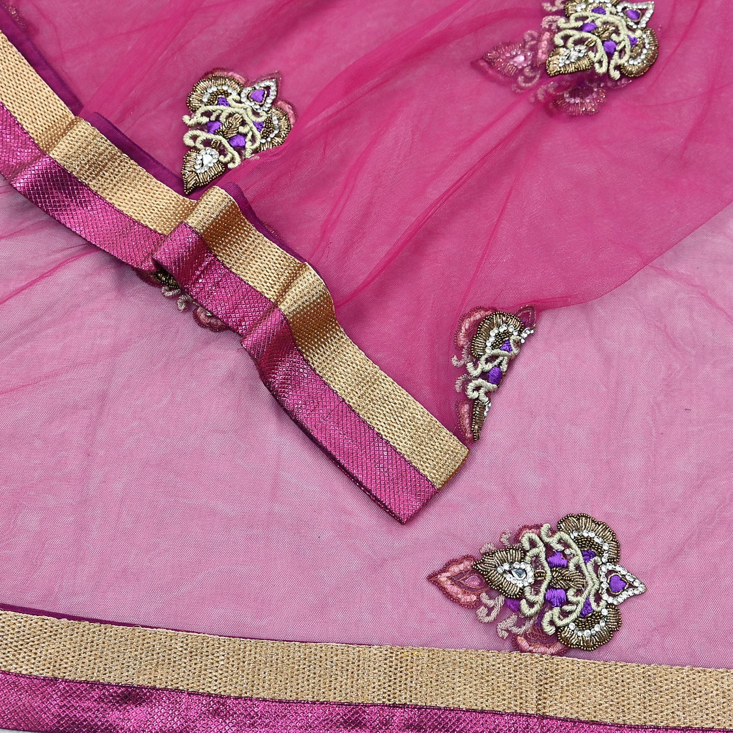 Indian Vintage Heavy Wedding Pink Dupatta Net Mesh Long Stole Hand Embroidered Scarves Golden Zardozi Dabka Zari Stole