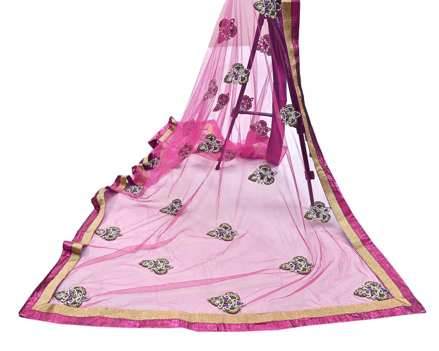 Indian Vintage Heavy Wedding Pink Dupatta Net Mesh Long Stole Hand Embroidered Scarves Golden Zardozi Dabka Zari Stole