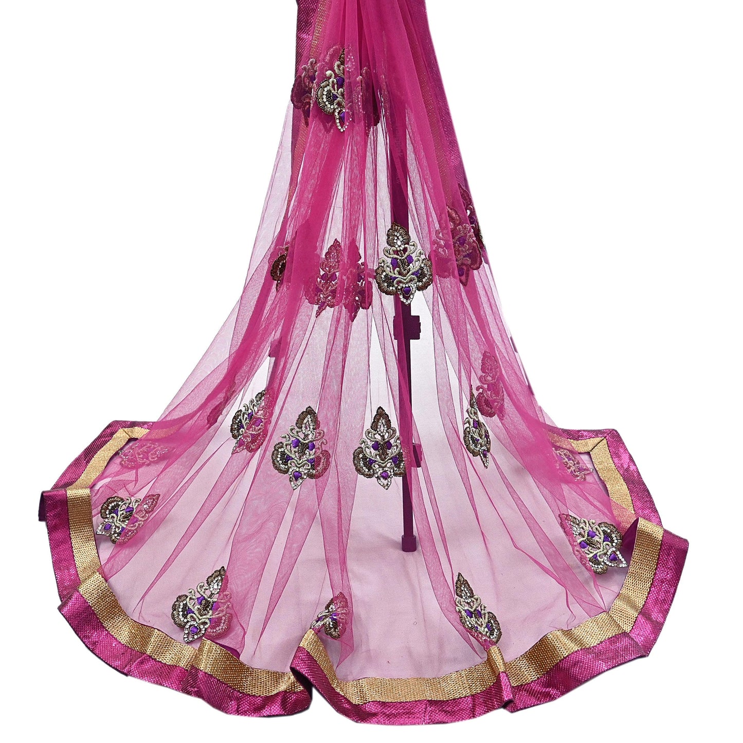 Indian Vintage Heavy Wedding Pink Dupatta Net Mesh Long Stole Hand Embroidered Scarves Golden Zardozi Dabka Zari Stole