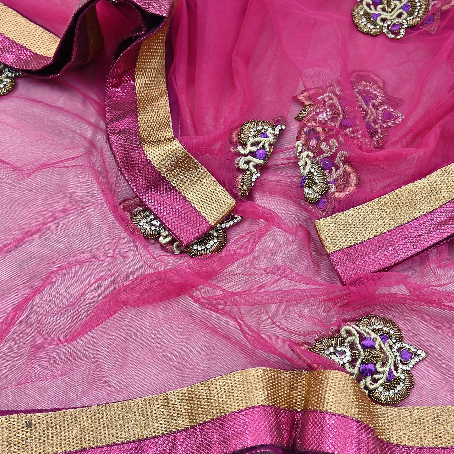 Indian Vintage Heavy Wedding Pink Dupatta Net Mesh Long Stole Hand Embroidered Scarves Golden Zardozi Dabka Zari Stole