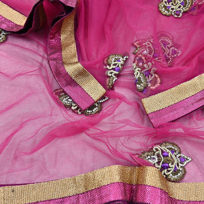 Indian Vintage Heavy Wedding Pink Dupatta Net Mesh Long Stole Hand Embroidered Scarves Golden Zardozi Dabka Zari Stole