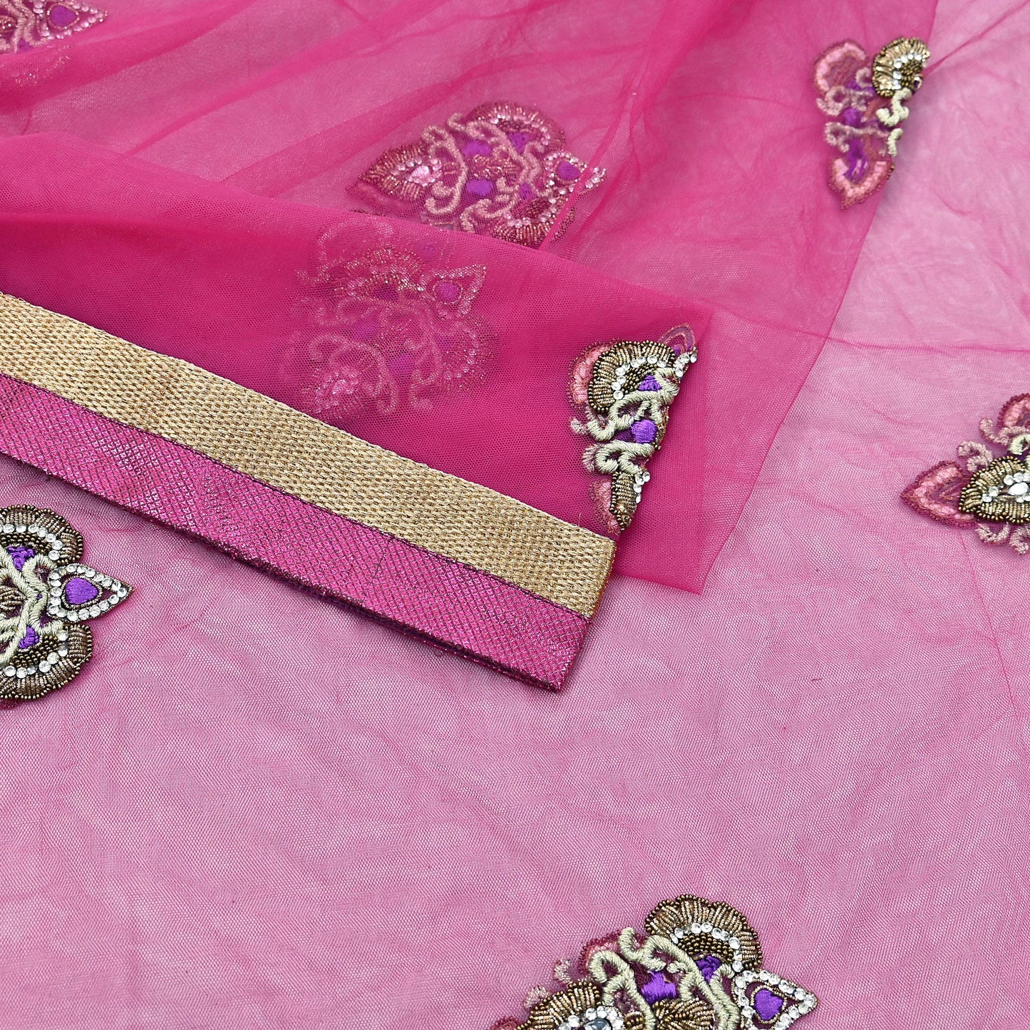 Indian Vintage Heavy Wedding Pink Dupatta Net Mesh Long Stole Hand Embroidered Scarves Golden Zardozi Dabka Zari Stole