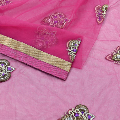 Indian Vintage Heavy Wedding Pink Dupatta Net Mesh Long Stole Hand Embroidered Scarves Golden Zardozi Dabka Zari Stole