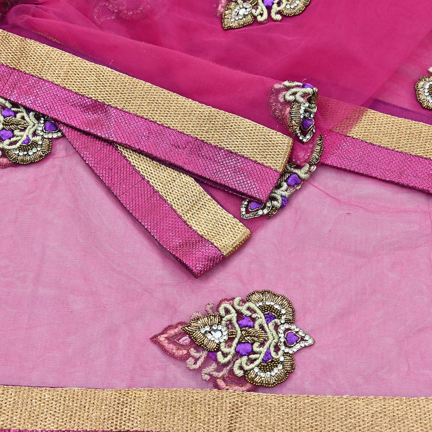 Indian Vintage Heavy Wedding Pink Dupatta Net Mesh Long Stole Hand Embroidered Scarves Golden Zardozi Dabka Zari Stole
