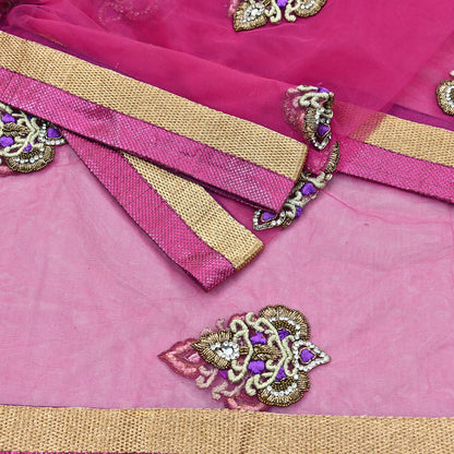 Indian Vintage Heavy Wedding Pink Dupatta Net Mesh Long Stole Hand Embroidered Scarves Golden Zardozi Dabka Zari Stole
