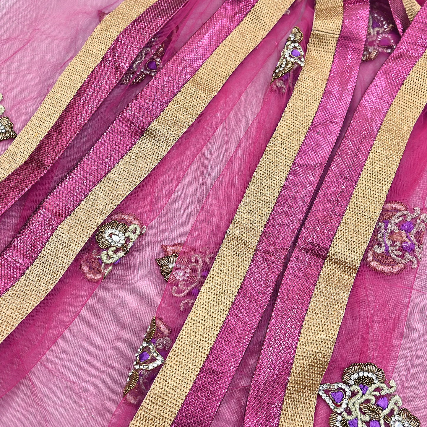 Indian Vintage Heavy Wedding Pink Dupatta Net Mesh Long Stole Hand Embroidered Scarves Golden Zardozi Dabka Zari Stole