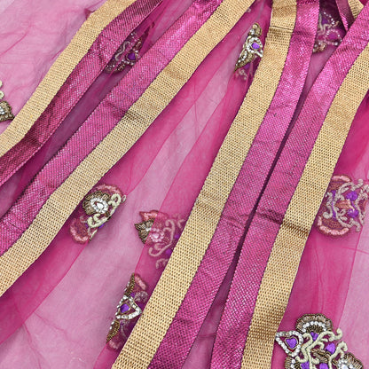 Indian Vintage Heavy Wedding Pink Dupatta Net Mesh Long Stole Hand Embroidered Scarves Golden Zardozi Dabka Zari Stole