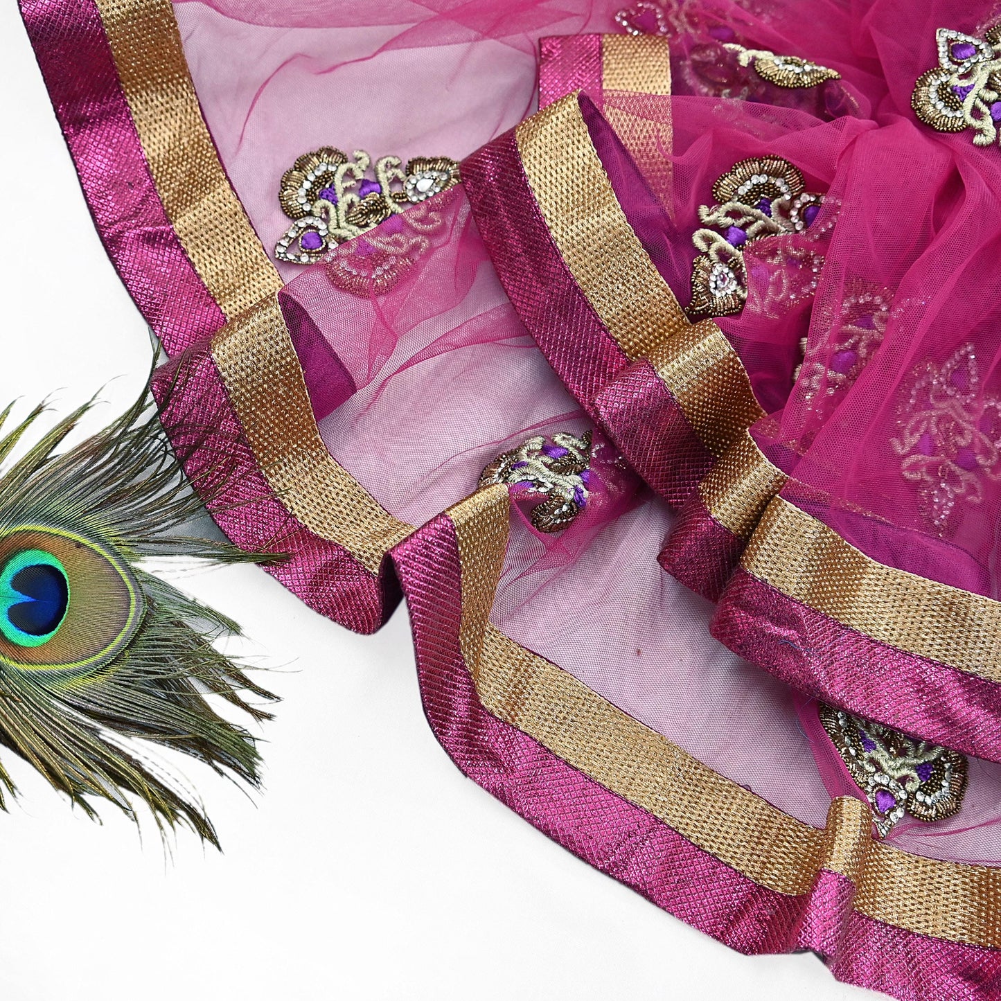 Indian Vintage Heavy Wedding Pink Dupatta Net Mesh Long Stole Hand Embroidered Scarves Golden Zardozi Dabka Zari Stole